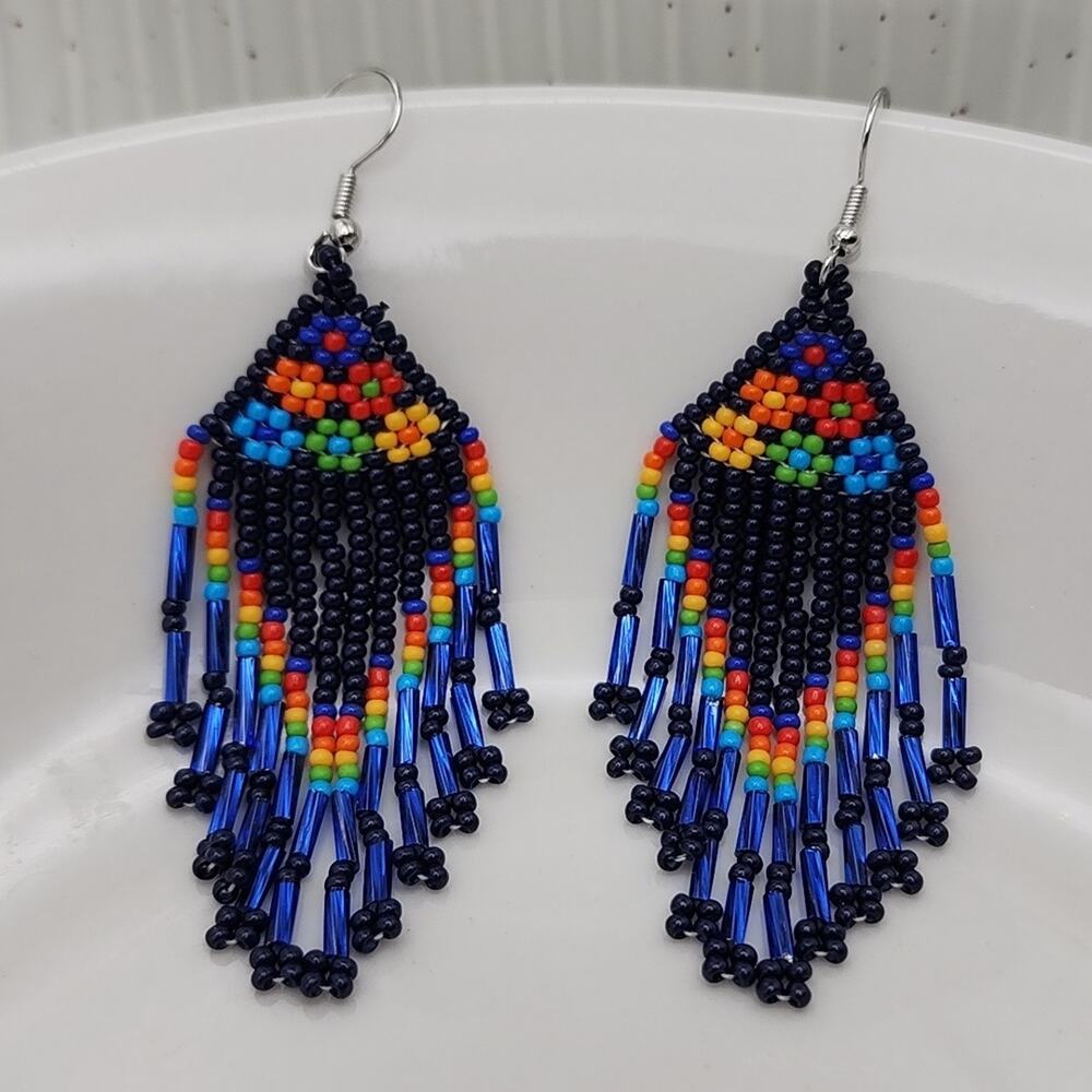 Indigo Nomad Retro Blue Floral Beaded Dangle Earrings - Picture 3 of 3